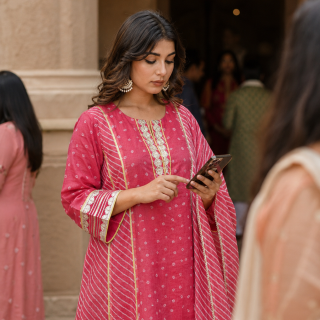 Rani Pink Embroidered Kota Doria Suit Set with Dupatta