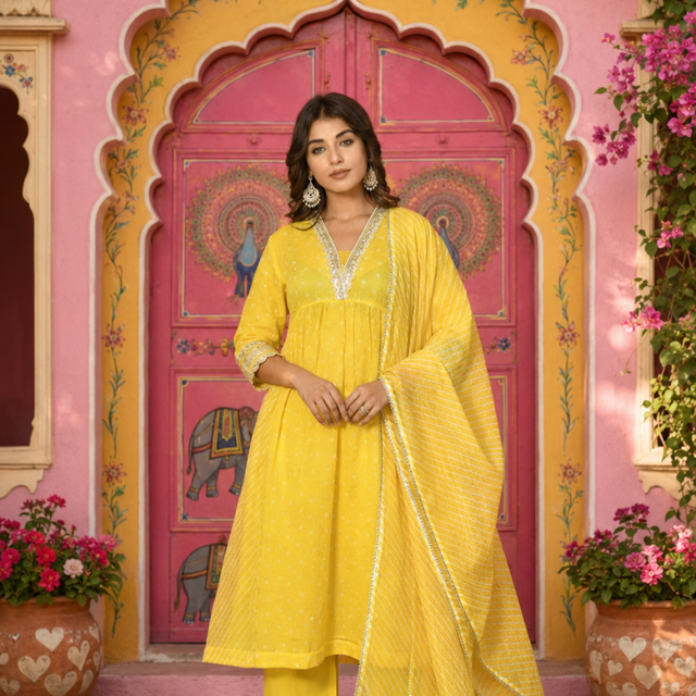 Yellow Embroidered Kota Doria Suit Set with Dupatta