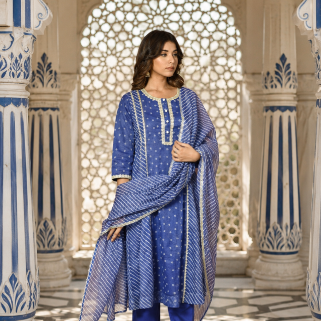 Royal Blue Embroidered Kota Doria Suit Set with Dupatta
