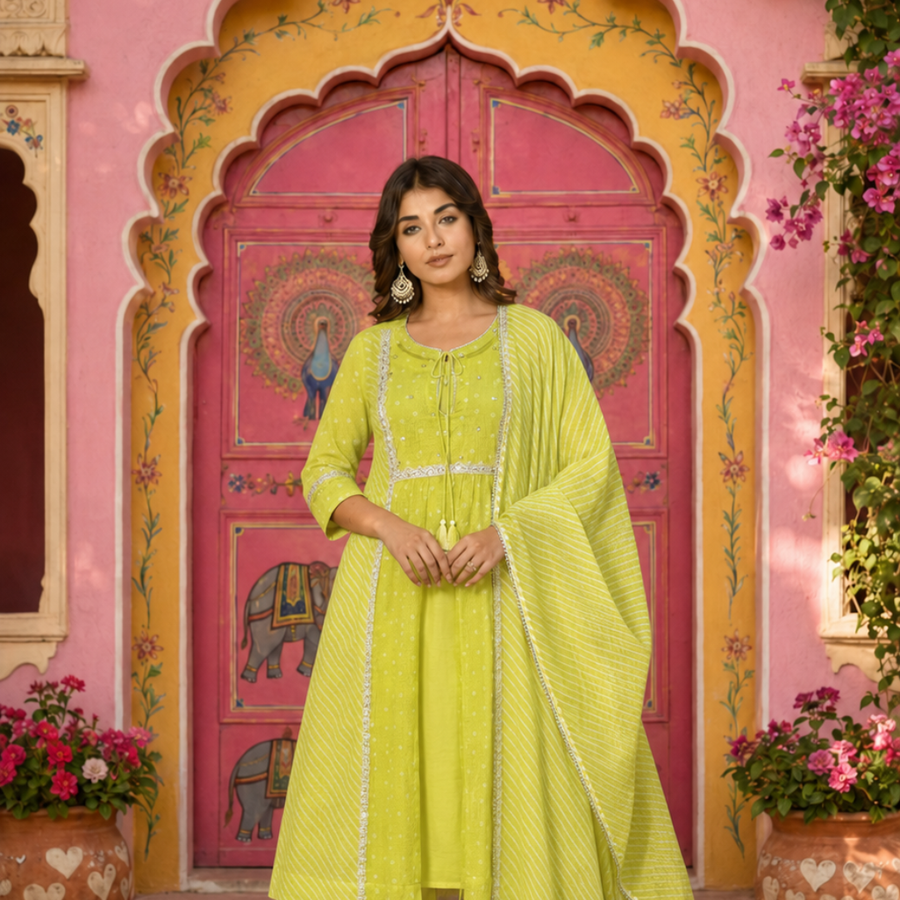 Parrot green festive embroidered Kota Doria suit set - square - EKOHUM