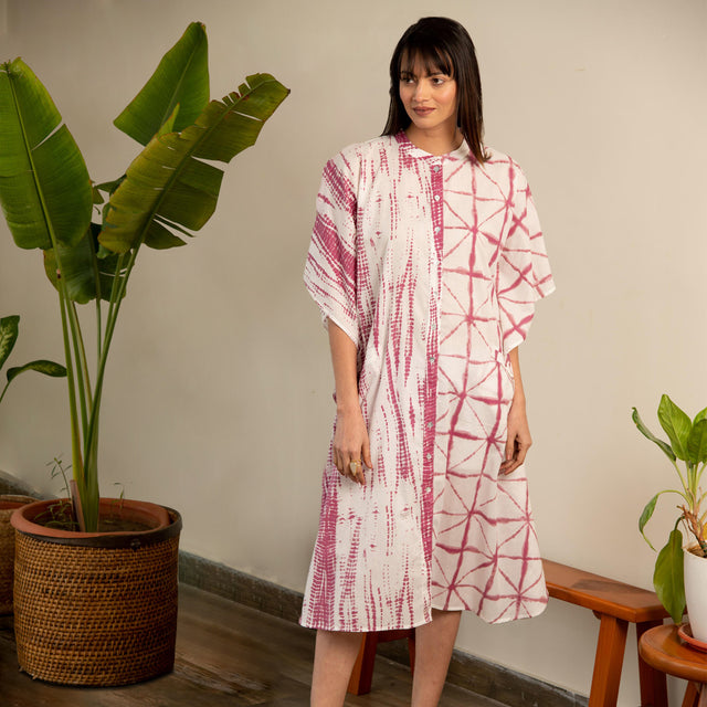 Mauve and White Shibori Print Shirt Dress