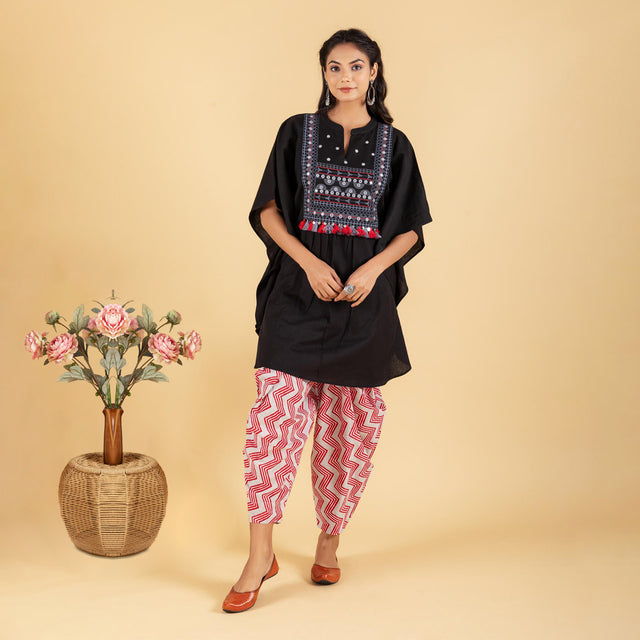 Mirror and Thread Embroidered yoke kaftan with Printed Dhoti