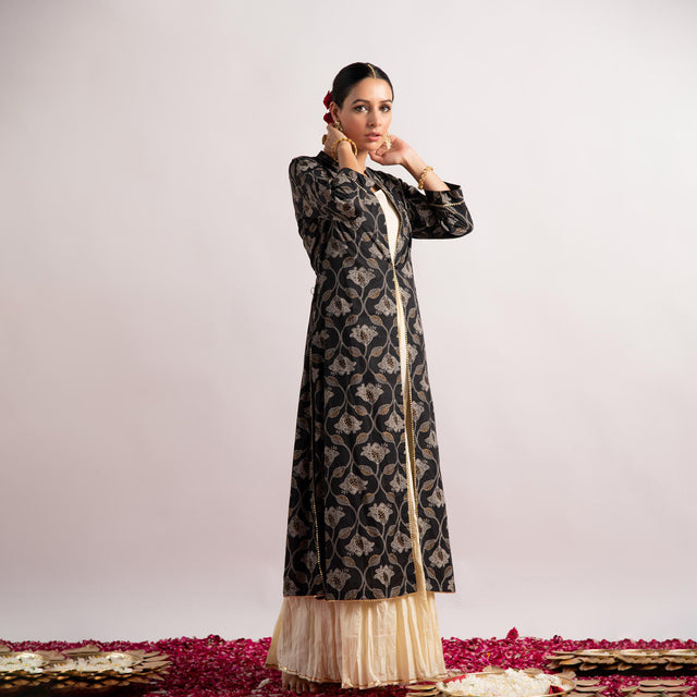 Black Gold Print Double Layer Dress Kurta