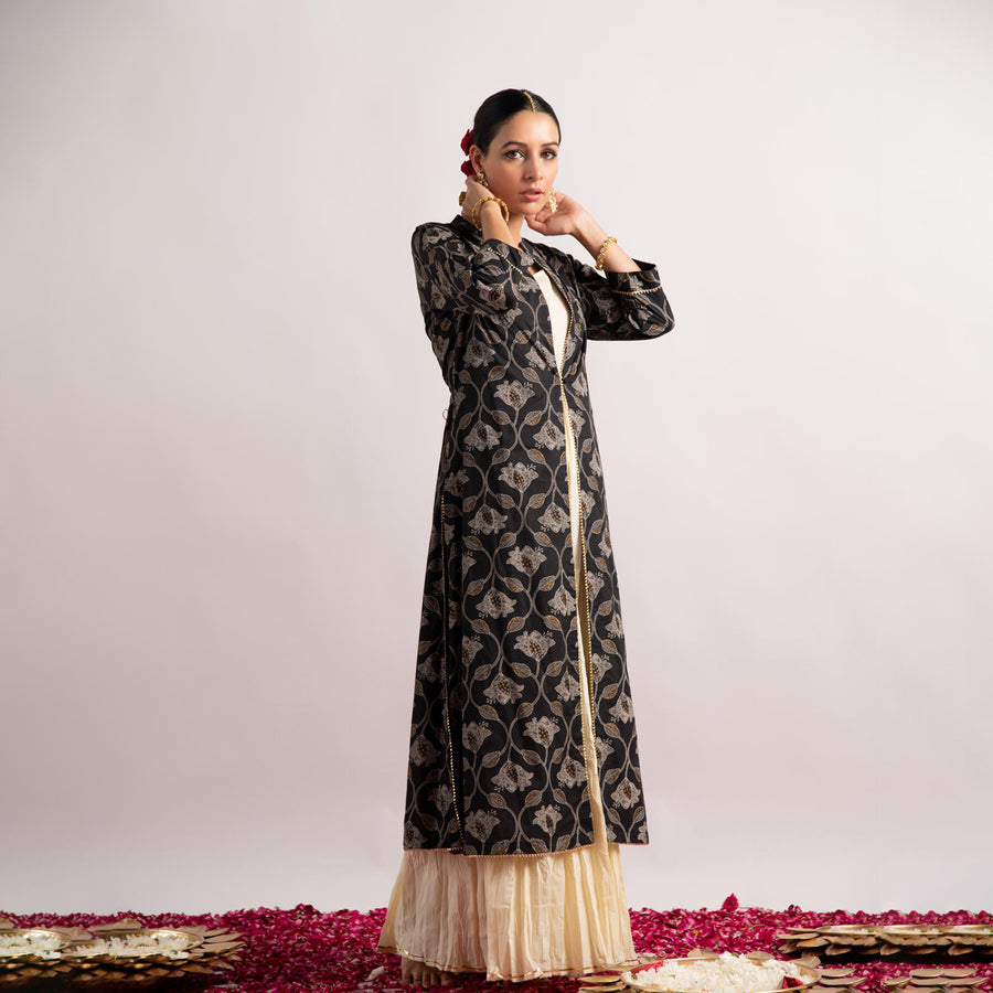 Black Gold Print Double Layer Dress Kurta