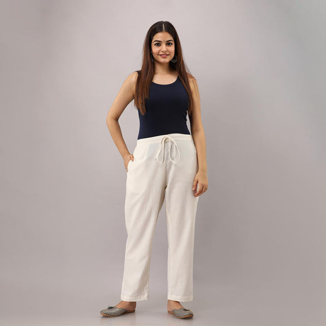 Off- white Cotton Narrow Bottom Flex Pant