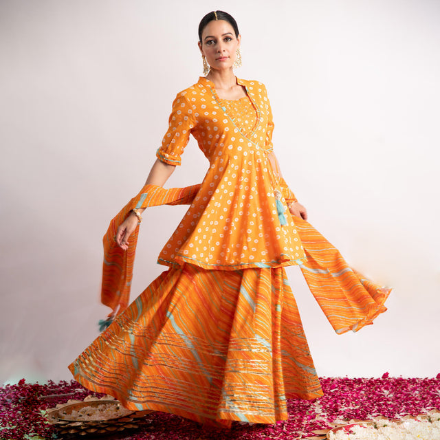 Orange Bandhani Print Kurta with Leheriya Skirt and Dupatta