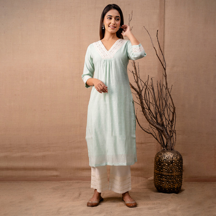 Pastel Green Chanderi Kurta with Embroidered Trims