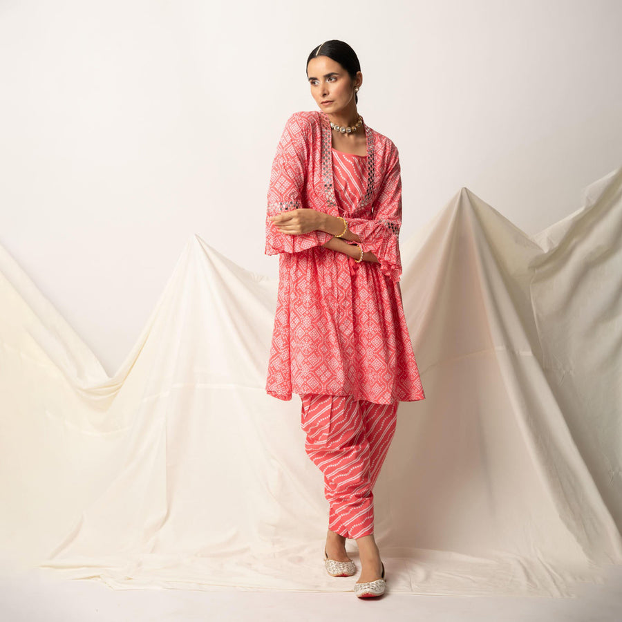 Pink Bandhani Print Shrug with Inner and Dhoti