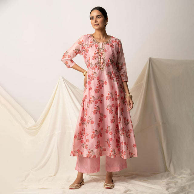 Pink Floral Print A-Line Kurta