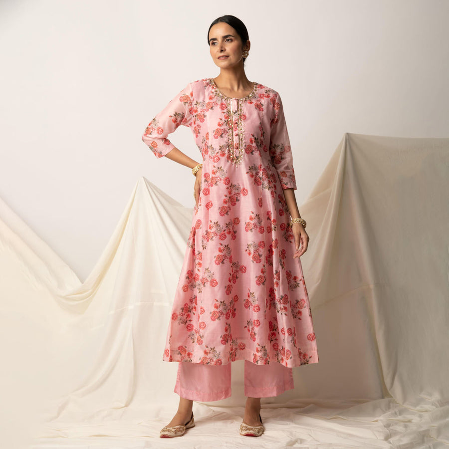 Pink Floral Print A-Line Kurta