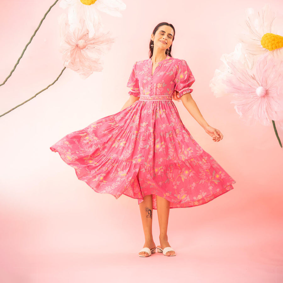 Pink Printed Tiered Maxi Dress with a Belt