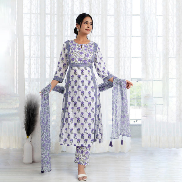 Purple Printed A-Line Kurta with Pant and Dupatta