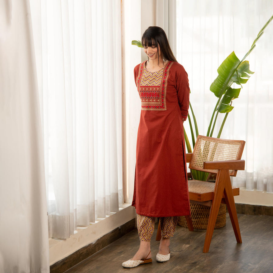 Rust Dobby Straight Kurta with Afghani Salwar