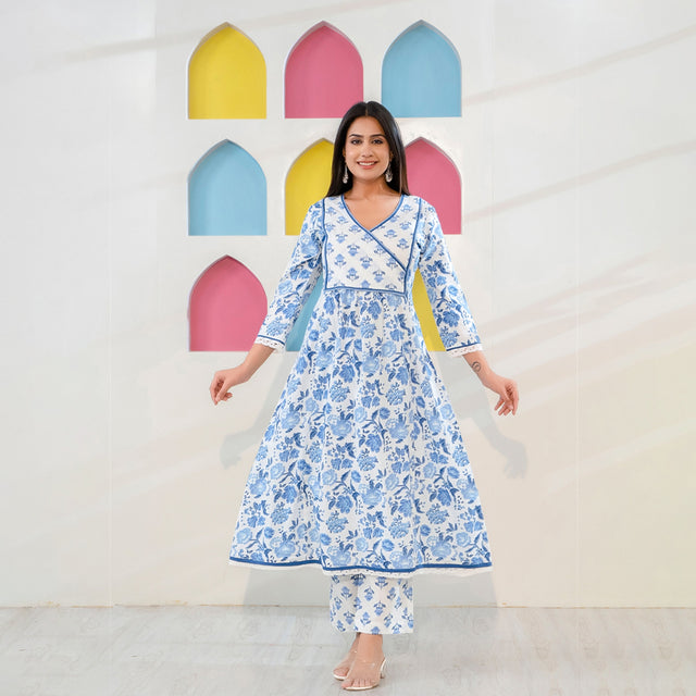 Blue and White Printed A-Line Kurta with Pant