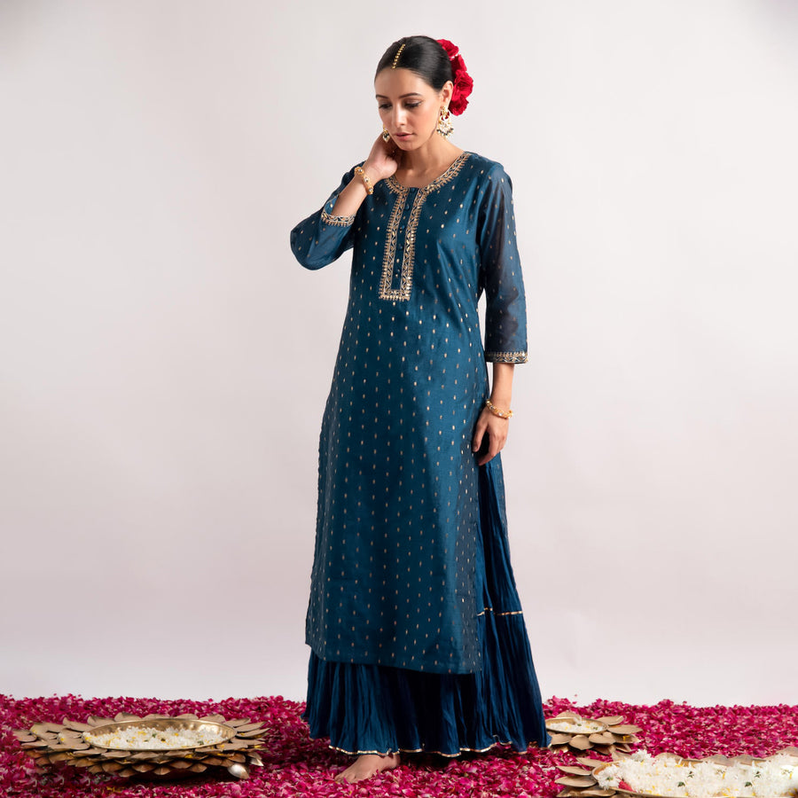 Teal Zari Woven Silk Chanderi Straight Kurta