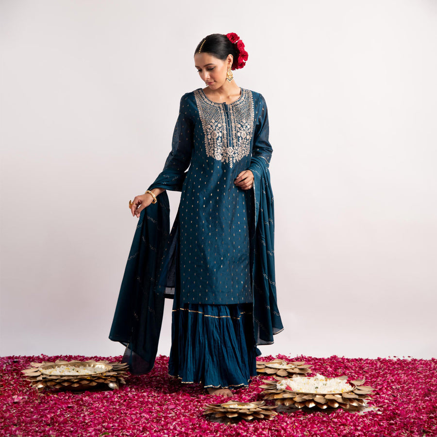 Teal Zari Woven Silk Chanderi Straight Kurta with Cotton Sharara and Dupatta