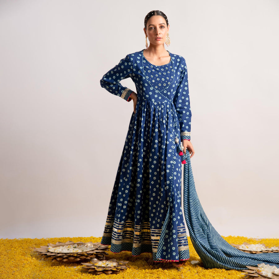 Blue Bandhani Print Kalidaar Dress with Dupatta