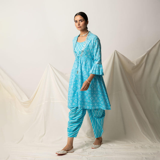 Blue Bandhani Print Shrug with Inner and Dhoti