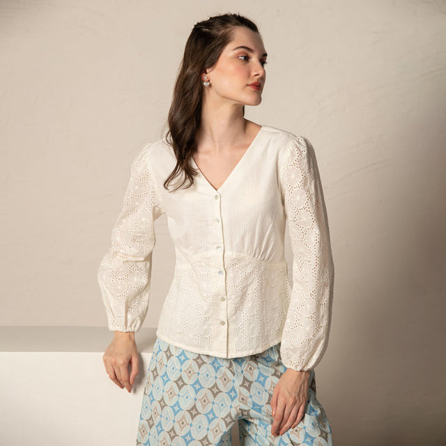White Dobby Cutwork Top.