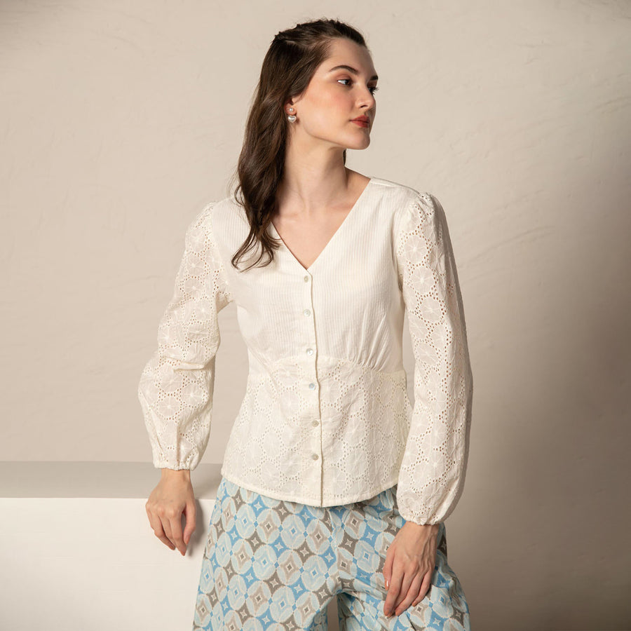 White Dobby Cutwork Top.