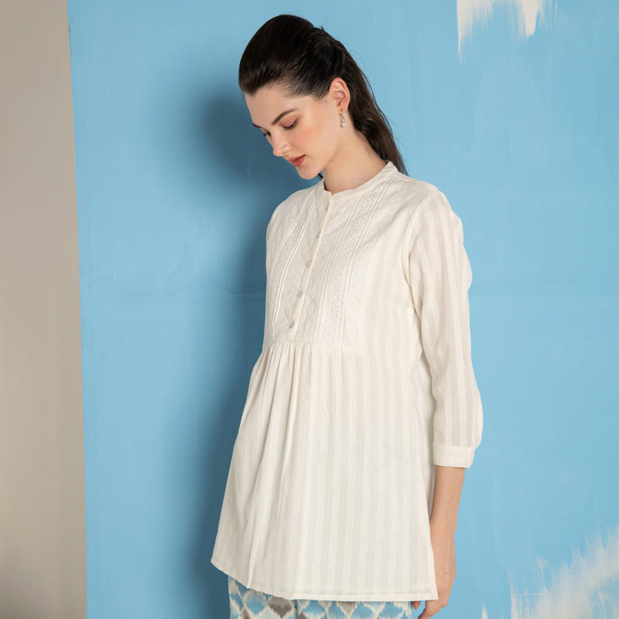 White Dobby Short Kurta with  Blue Ikhat Pant Co-Ord Set