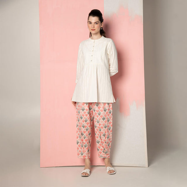 White Dobby Short Kurta with  Pink Ikhat Pant Co-Ord Set.