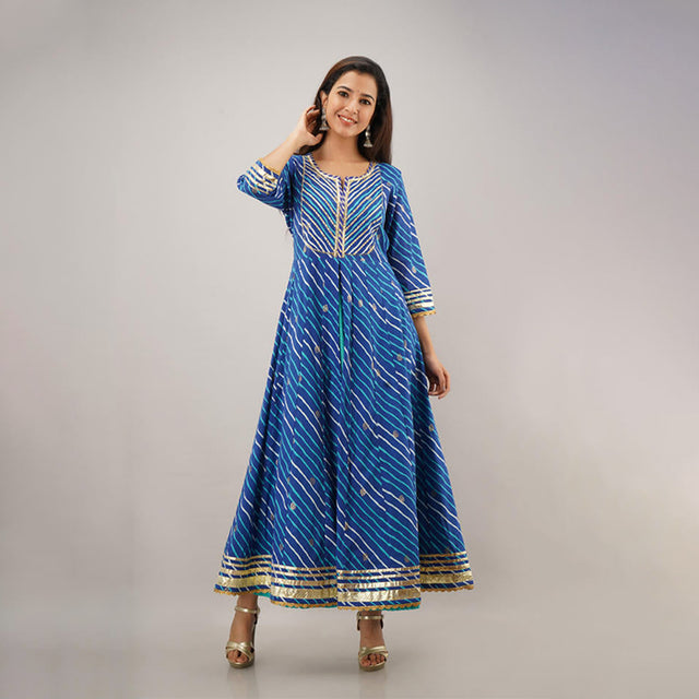 Blue Cotton Double Layered Lehriya  Gota Work Kalidaar Dress