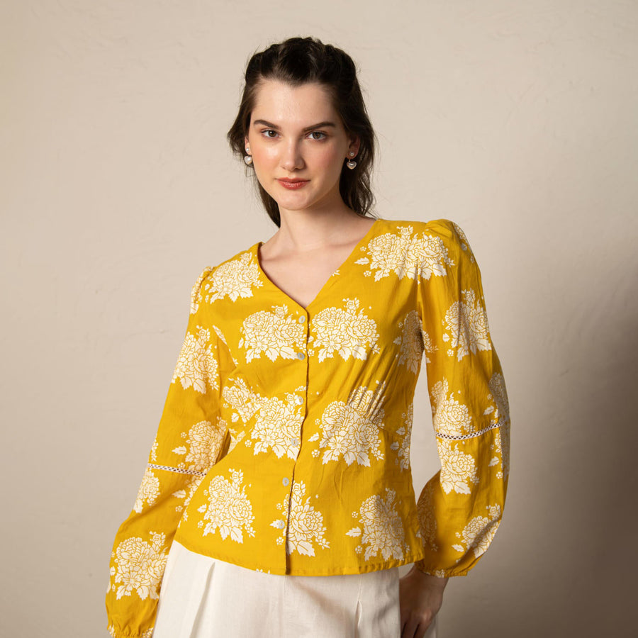 Yellow Flower Printed Cotton Top