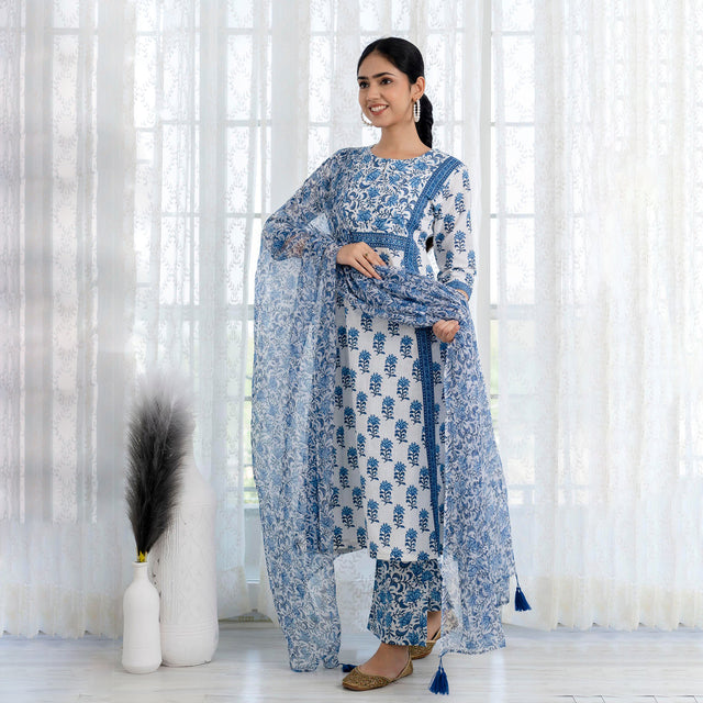 Blue Printed A-Line Kurta with Pant and Dupatta