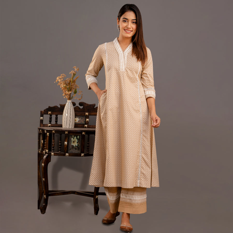 Sand Brown Chunakhari Printed Cotton Lace Work Kurta Set