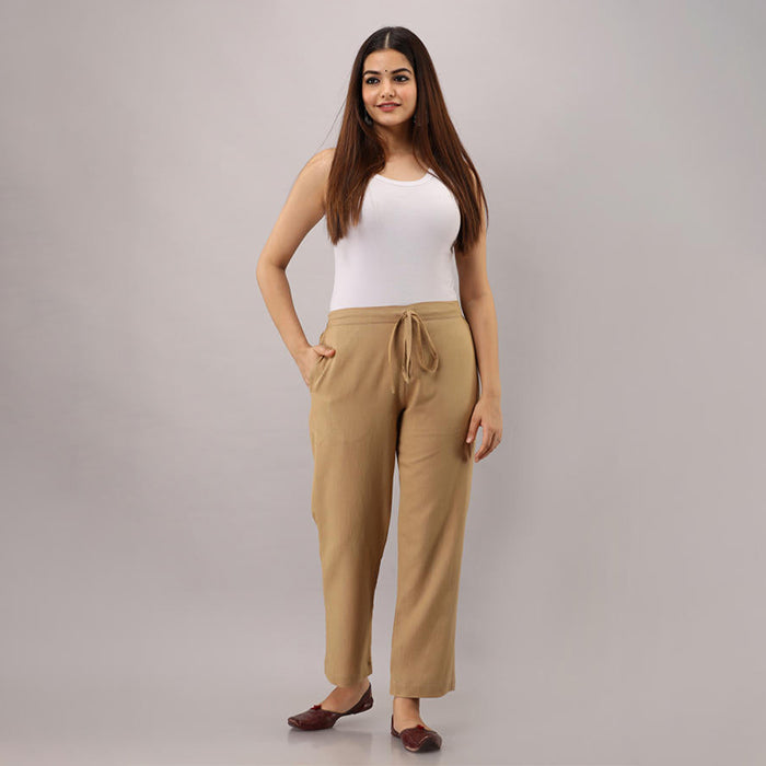 Beige Cotton Narrow Bottom Flex Pant