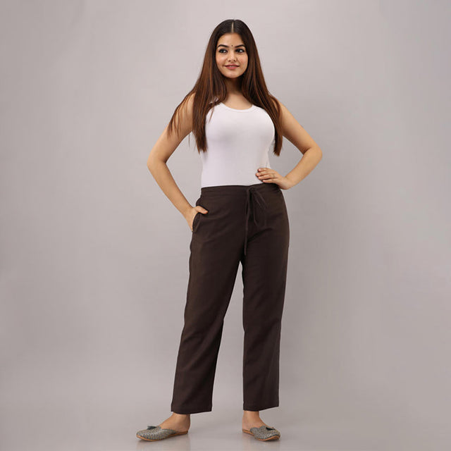 Brown Cotton Narrow Bottom Flex Pant