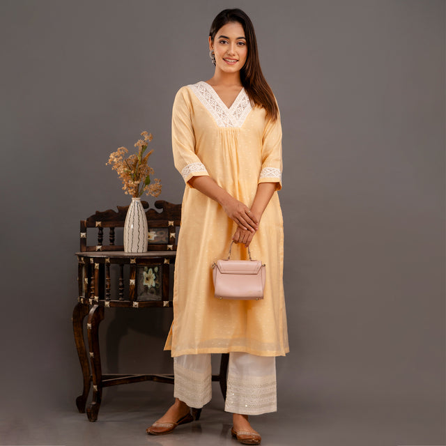 Butter Yellow Chanderi Kurta with Embroidered Trims