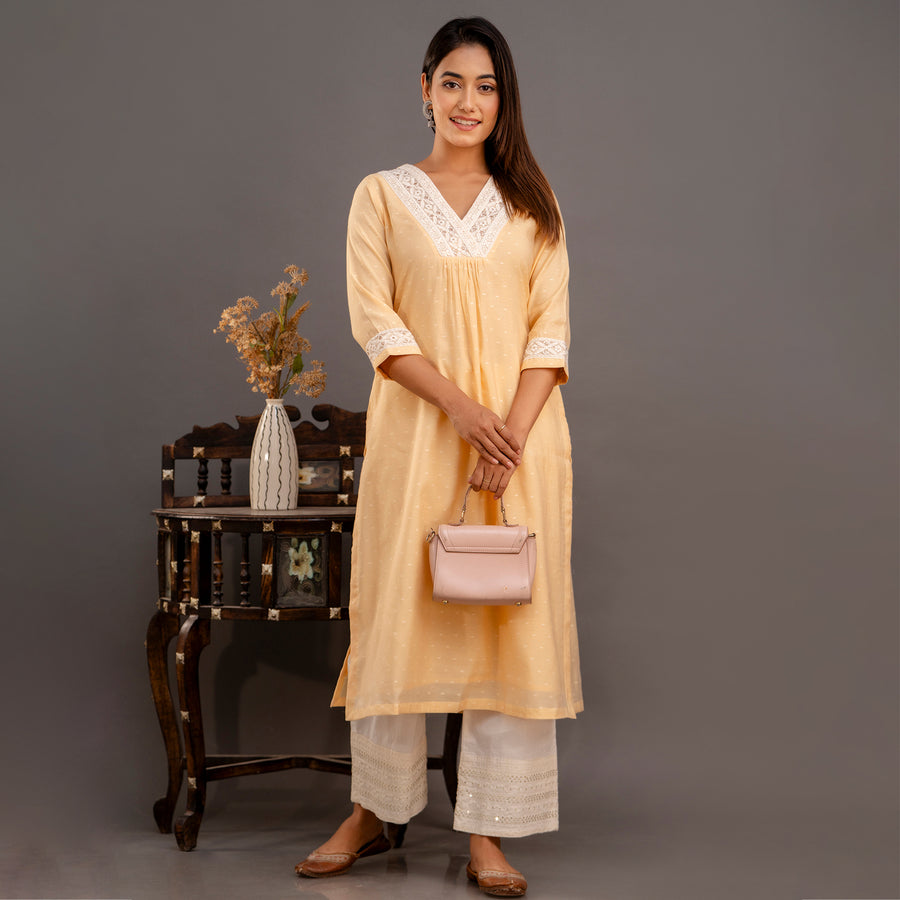 Butter Yellow Chanderi Kurta with Embroidered Trims