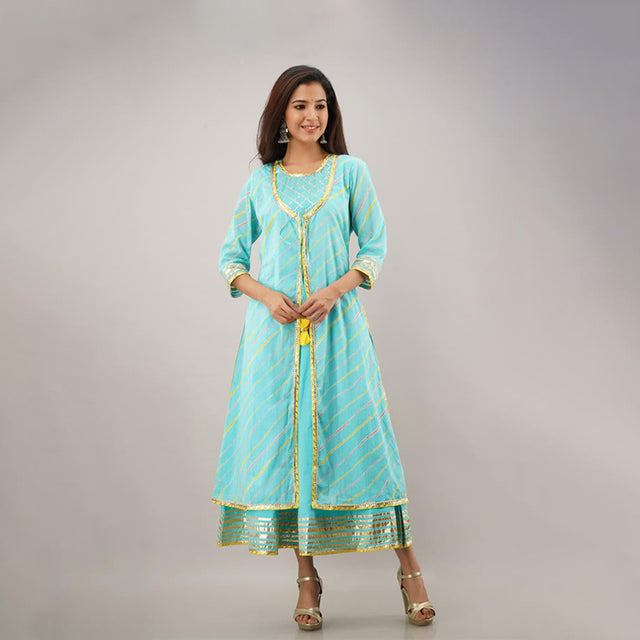 Firozi Cotton Double Layered Lehriya  Gota Work Kalidaar Dress