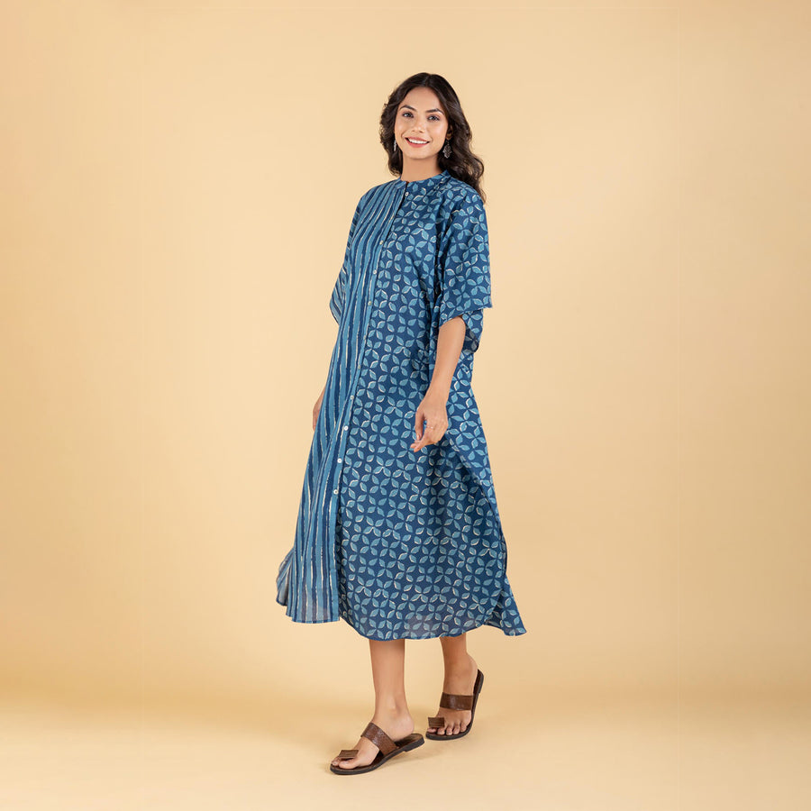 Hand Block Printed Indigo Kaftan Dress with Pocket