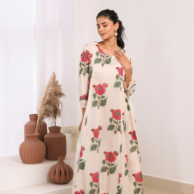 Cream Mul Cotton Gathered Kurta with Pink Floral Motifs, Lace & Bead Work – Pant Set
