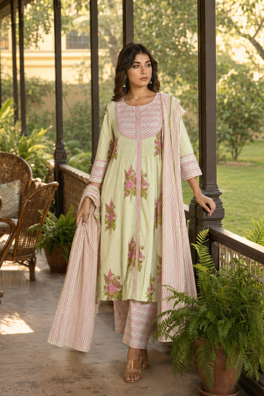 Pista green festive embroidered cotton suit set - creative - EKOHUM