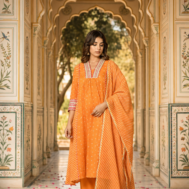 Orange Embroidered Kota Doria Suit Set with Dupatta