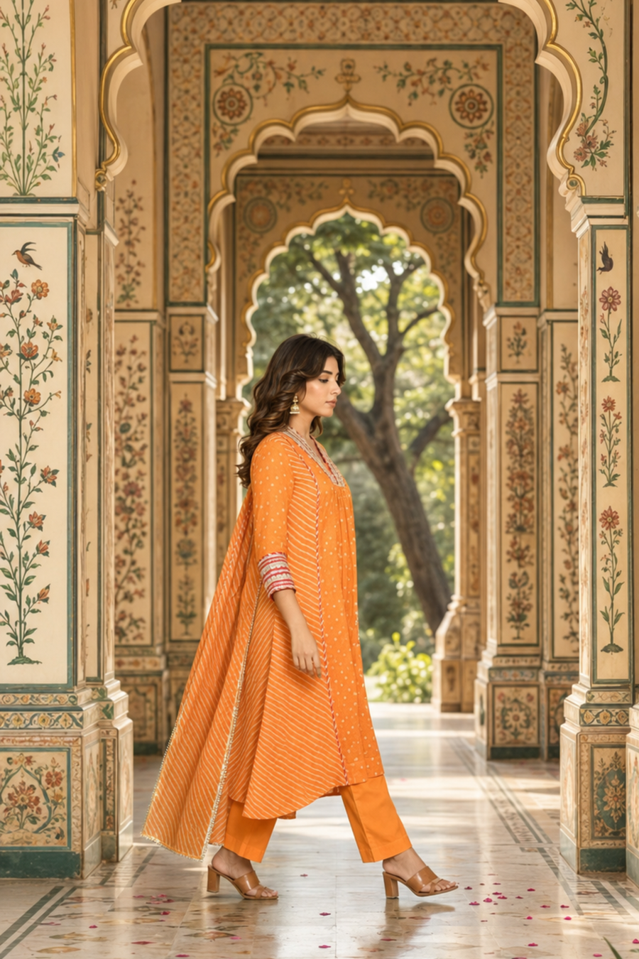 Orange festive embroidered Kota Doria suit set - creative - EKOHUM