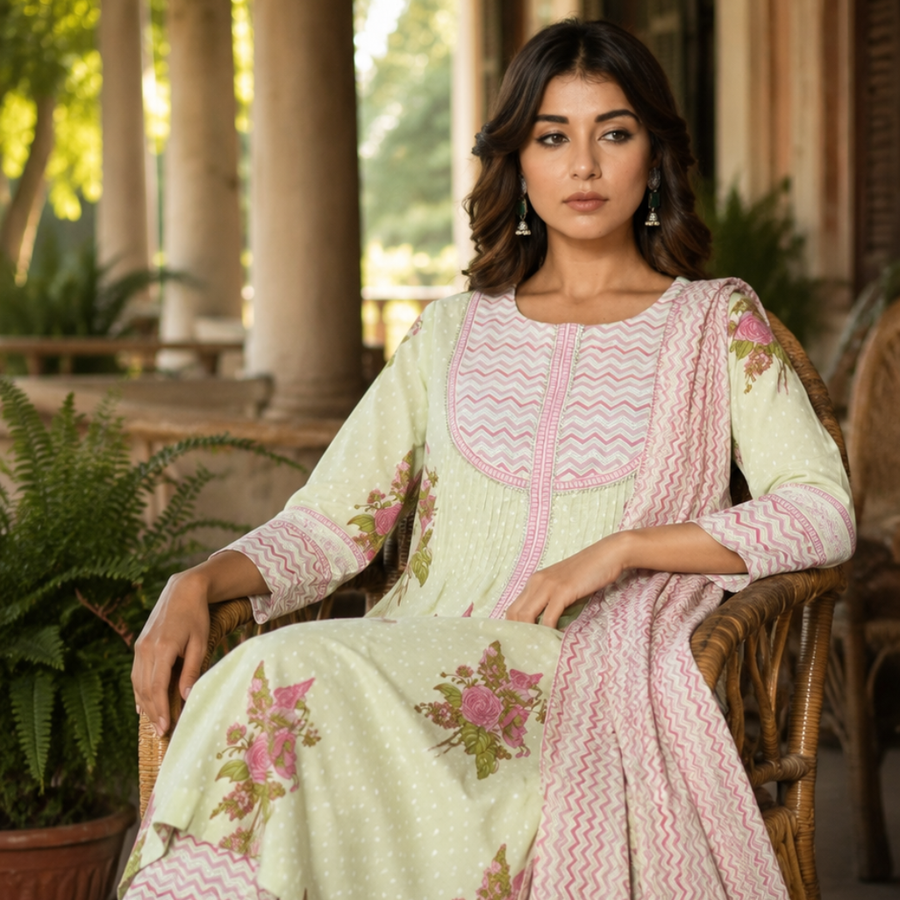 Pista green festive embroidered cotton suit set - square - EKOHUM