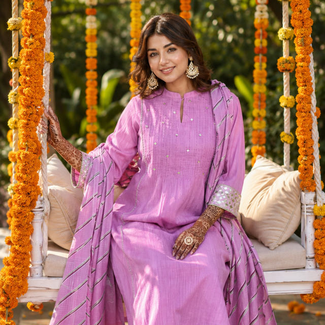 Purple Embroidered Cotton Suit Set with Dupatta