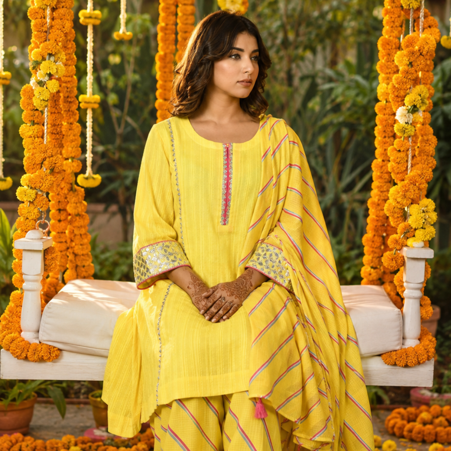 Yellow festive embroidered cotton suit set - square - EKOHUM