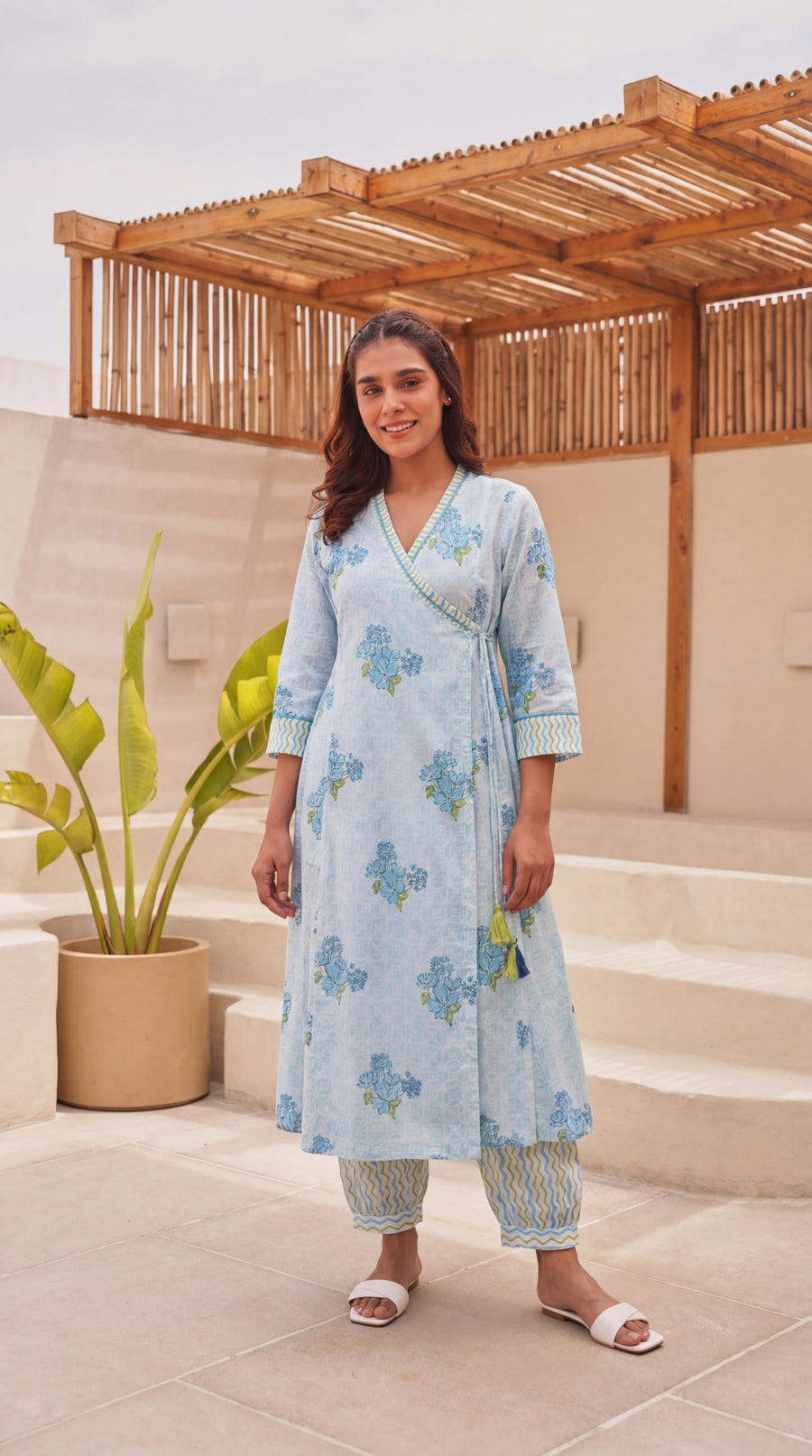 Blue Block Printed Cotton Angrakha Kurta Pant Set