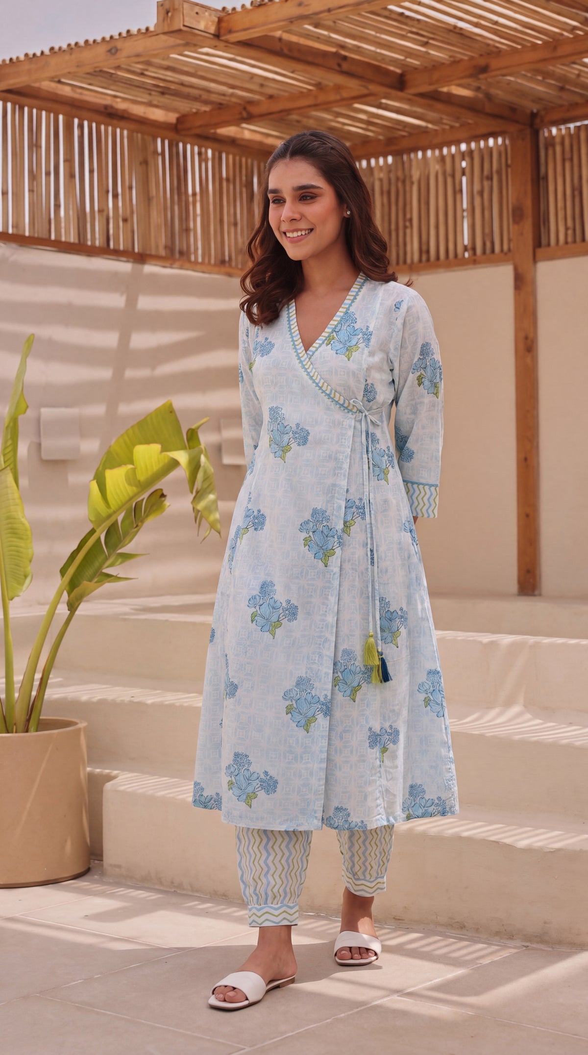 Blue Block Printed Cotton Angrakha Kurta Pant Set