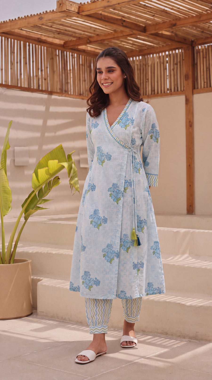 Blue Block Printed Cotton Angrakha Kurta Pant Set
