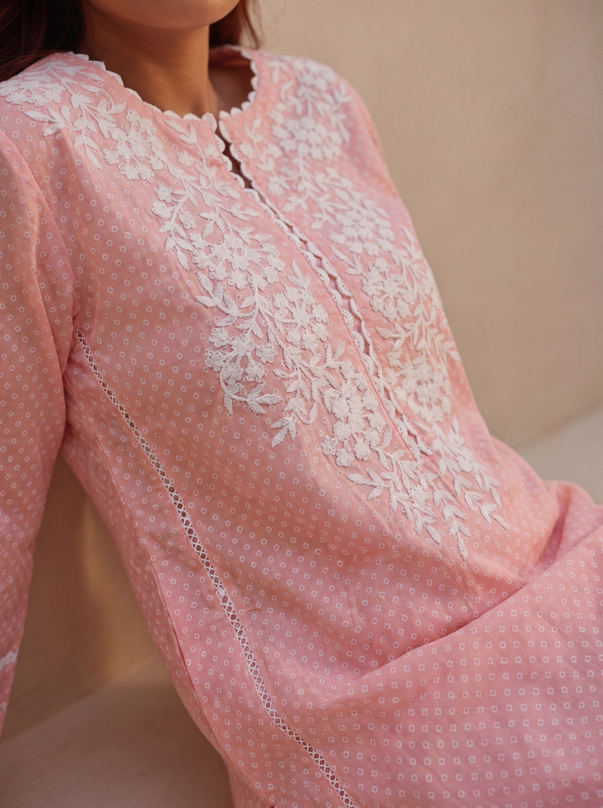 Peach Cotton Embroidered Kurta with Farshi White Salwar Set
