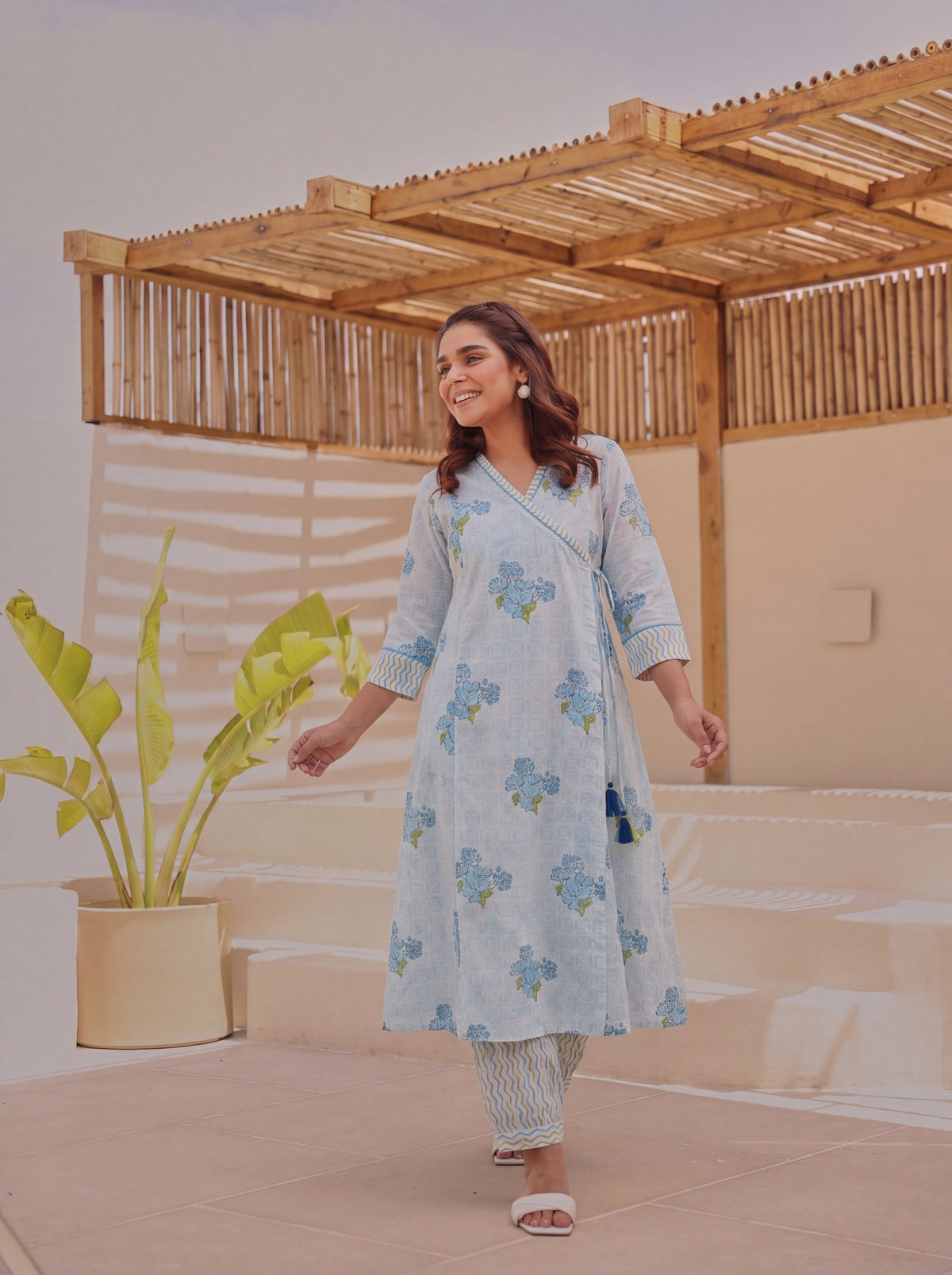 Blue Block Printed Cotton Angrakha Kurta Pant Set