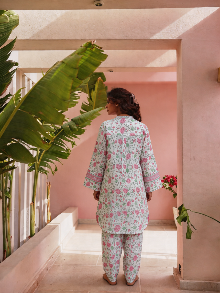 Green & Pink Block Printed Cotton Co-Ord Set
